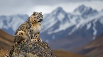 Obraz premium Majestic Snow Leopard Perched on a Rocky Summit, a Stunning Mountain View
