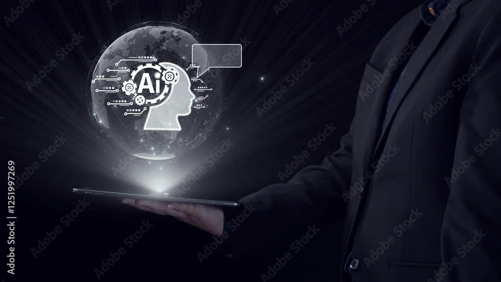 Poster human interact with ai artificial intelligence brain processor in concept of ai artificial intellige