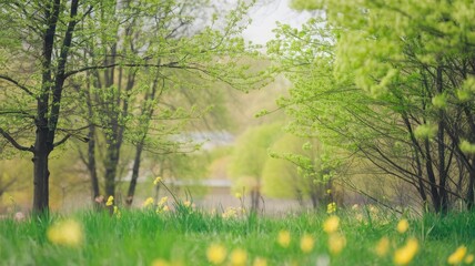 Obraz premium A serene spring landscape featuring vibrant green trees and delicate wildflowers, evoking a sense of tranquility and renewal.