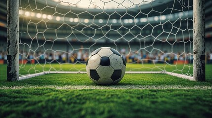 Fototapeta premium Soccer ball in goal. Goal net. Soccer border on green football grass field. Vector stadium, supporters background. World wk, ek sport finale, sports game. Street ball.