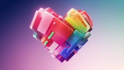 A vibrant, abstract heart shape made of colorful geometric shapes, symbolizing love and technology in a playful design.