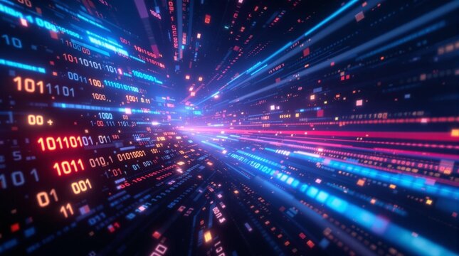 Abstract digital space where data streams are represented by glowing binary codes&mdash;alternating 0s and 1s. Some digits shine brighter, emphasizing key datapoints as if processed by an  neural network