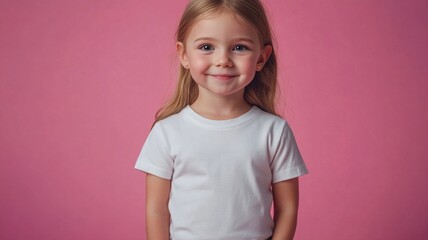 Little girl standing in front of pink background. 4 years old blond girl in white t-shirt. Kid's mock up.