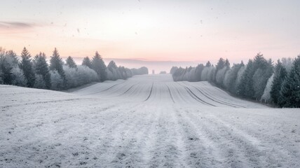Obraz premium A tranquil winter landscape featuring a snow-covered field bordered by frosted evergreens, capturing the serene beauty of early morning light.