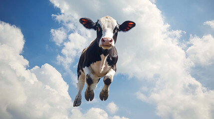 A funny wide-angle shot of a cow against a sky background.