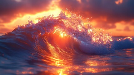 Fototapeta premium Ocean wave sunset; fiery sky, water reflections; travel, nature backdrop