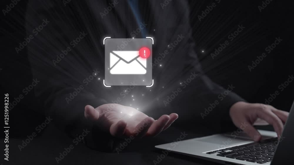 Poster business person checking email inbox, organizing and prioritizing messages for better productivity. 