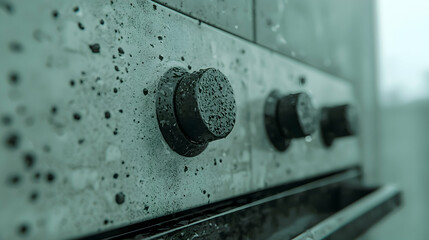 Wet kitchen oven control knobs, close-up