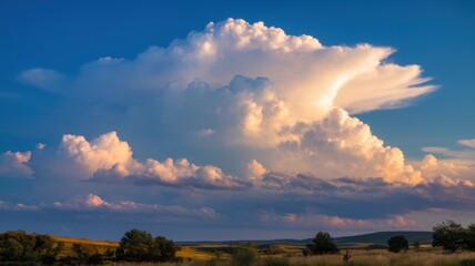 A stunning view of a towering cumulus cloud formation against a vibrant blue sky, showcasing the beauty of nature in a serene landscape.