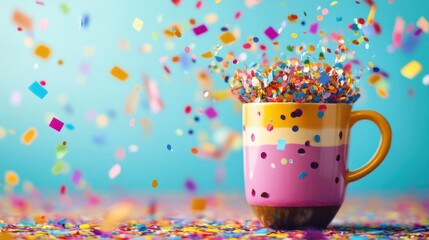 Vibrant confetti bursts from a colorful cup, celebrating party or birthday 