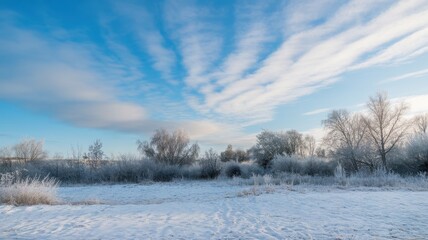 Obraz premium A serene winter landscape featuring frosted trees and a blanket of snow under a bright blue sky with wispy clouds.