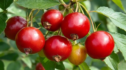 Obraz premium Close-up of Lush Red Berries Hanging from a Branch. A Stunning Display of Nature's Bounty.