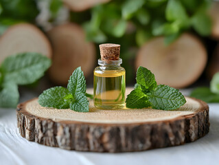 Mint essential oil bottle on wood. Relaxing spa background