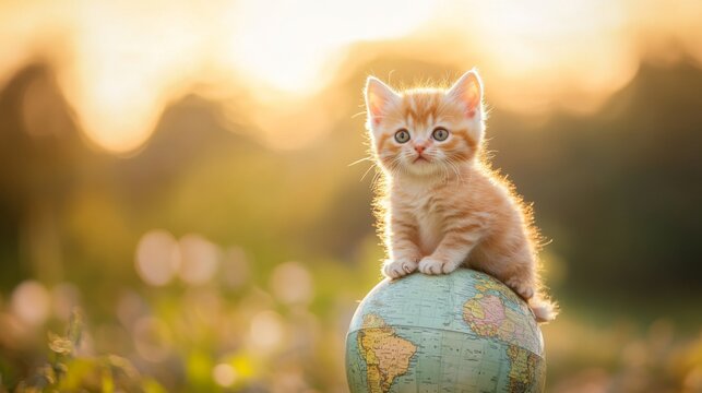 A Tiny Kitten, Awaiting Great Adventures, Sits on a Globe - Powered by Adobe