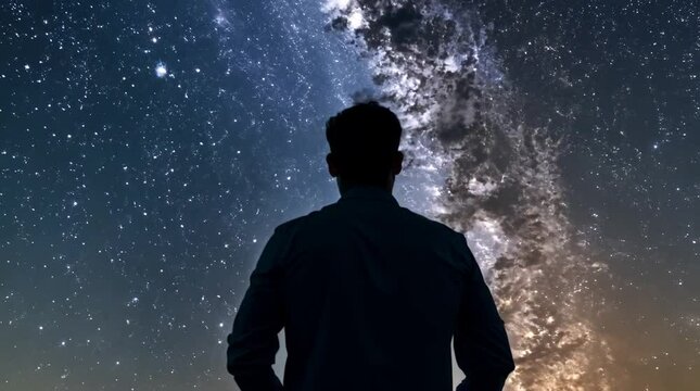 The silhouette of a man standing against a night sky filled with stars and the Milky Way, gazing upwards. The scene suggests a sense of wonder, contemplation, and the vastness of the univers