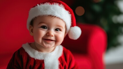 Happy baby in Santa suit, Christmas setting