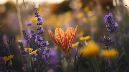 Obraz premium A vibrant orange flower stands out amidst a field of purple lavender and yellow wildflowers, creating a serene and colorful springtime scene.