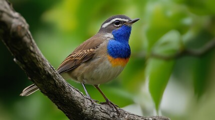 A Stunning Blue-Orange Bird Perched on a Branch in a Lush Green Forest; A Close-up View of Nature's Beauty