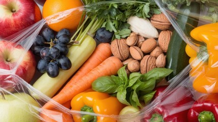 A colorful assortment of fresh fruits and vegetables including apples, grapes, carrots, and nuts, displayed in a clear bag, promoting healthy eating.