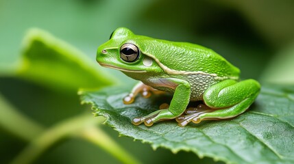 Obraz premium Vibrant Green Frog Perched on a Lush Leaf - Nature's Exquisite Detail