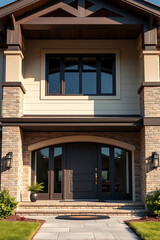 Fototapeta premium Elegant Brick House Exterior: Modern Home Design and Architecture. Luxury Real Estate Property with Stunning Facade and Landscaping.
