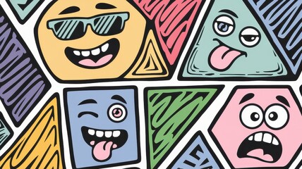 Fototapeta premium A vibrant and playful graphic featuring various colorful shapes adorned with expressive cartoon faces, showcasing a blend of joy and humor.