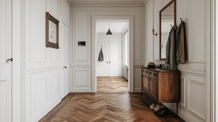 Minimalist Interior Hallway with Wooden Flooring and Modern Furniture, Showcasing Elegant Home Decor and Natural Lighting