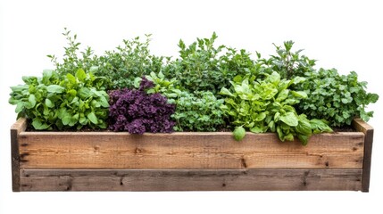 Wooden garden bed filled with various vibrant herbs and plants