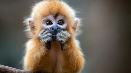 Obraz premium Golden monkey baby portrait, zoo habitat, curious gaze, wildlife conservation