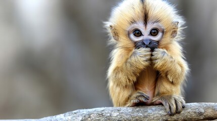 Obraz premium Golden monkey baby, forest habitat, curious gaze, nature wildlife, stock photo