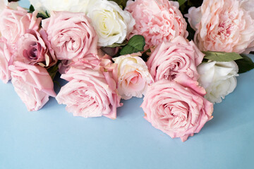 Blooming pink rose flowers bouquet with hearts, Valentine's Day background