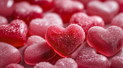 Fototapeta premium Close-up view of red heart-shaped gummy candies coated with sugar crystals, arranged in a colorful and sweet composition, symbolizing love and playfulness.