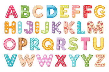Colorful patterned alphabet letters, white background, education, craft