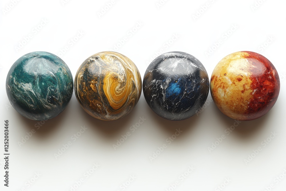 Poster four colorful spherical objects resembling planets on a white surface.