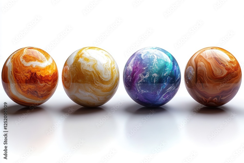 Poster four colorful marbles with swirling patterns on a reflective surface.