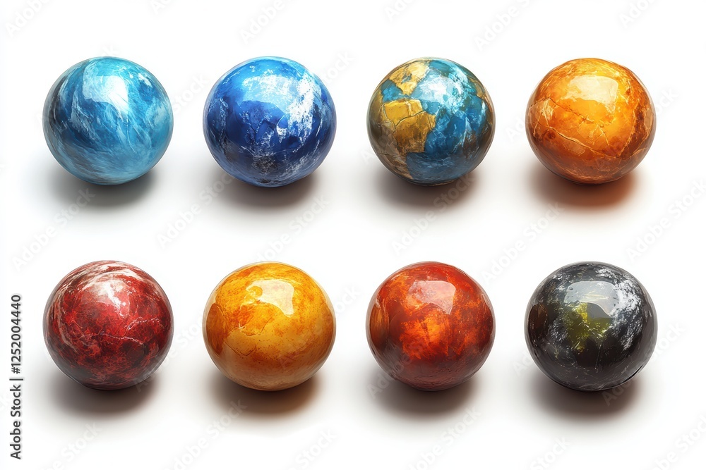Poster a collection of colorful decorative spheres arranged in two rows.