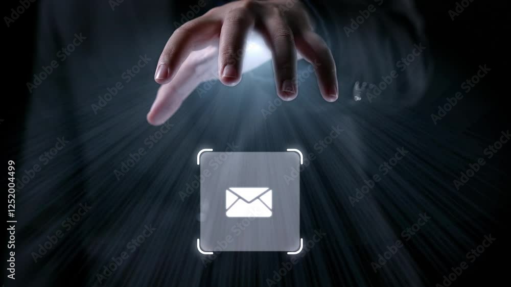 Poster business person checking email inbox, organizing and prioritizing messages for better productivity. 