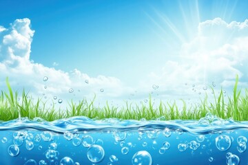 Fototapeta premium A stylized illustration of a vibrant blue water scene combined with green grass, featuring whimsical bubbles and a bright sunny atmosphere.