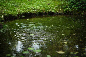 Naklejka premium A dreamy view of ripples spreading through a serene murky pond surrounded by lush grass, inviting feelings of peace and connection with nature.