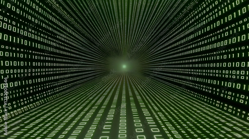 Poster digital tunnel, binary code, data stream, glowing light, technology concept