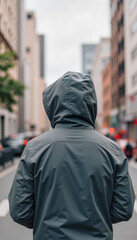 Man in gray hooded jacket walking in urban street, urban life