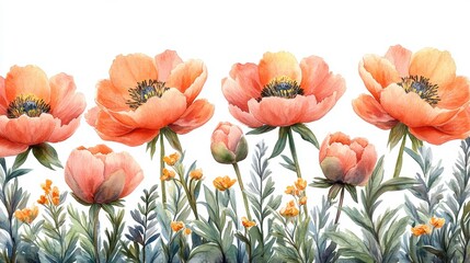 Fototapeta premium A vibrant watercolor illustration of blooming flowers in soft peach tones.