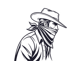 Strong Vector silhouette of a cowboy with a bandana covering his face portrait, isolated in white. Ideal for Western-themed designs, logos, and digital artwork.