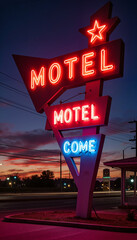 Vibrant neon motel sign glowing at night, classic American nostalgia