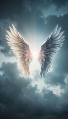 Confronting angel and demon wings amidst stormy sky, symbolic struggle