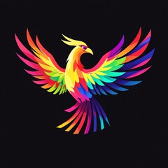 Obraz premium Majestic Rainbow Phoenix: A vibrant digital artwork of a phoenix bird, its wings spread in a powerful pose, showcasing a spectrum of rainbow colors against a black background.