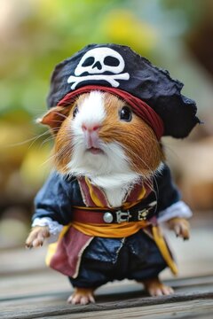 A playful guinea pig dons a pirate outfit complete with a hat and eye patch, exuding a sense of adventurous spirit and humorous charm against a blurred backdrop.
