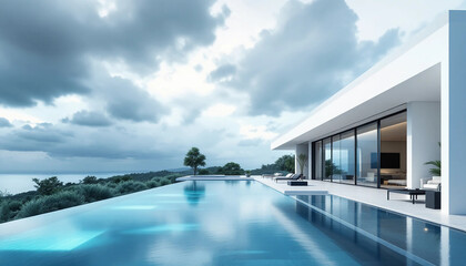 Fototapeta premium Luxury modern villa with infinity pool and panoramic ocean view under cloudy sky 