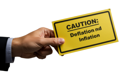 Close-up businessman holding a warning sign of Inflation & Deflation , investing alert, economic Situation , isolated on transparent background, Warning Sign PNG   