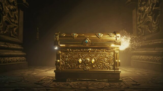 Golden treasure chest opens Concept: searching and obtaining treasures, wealth